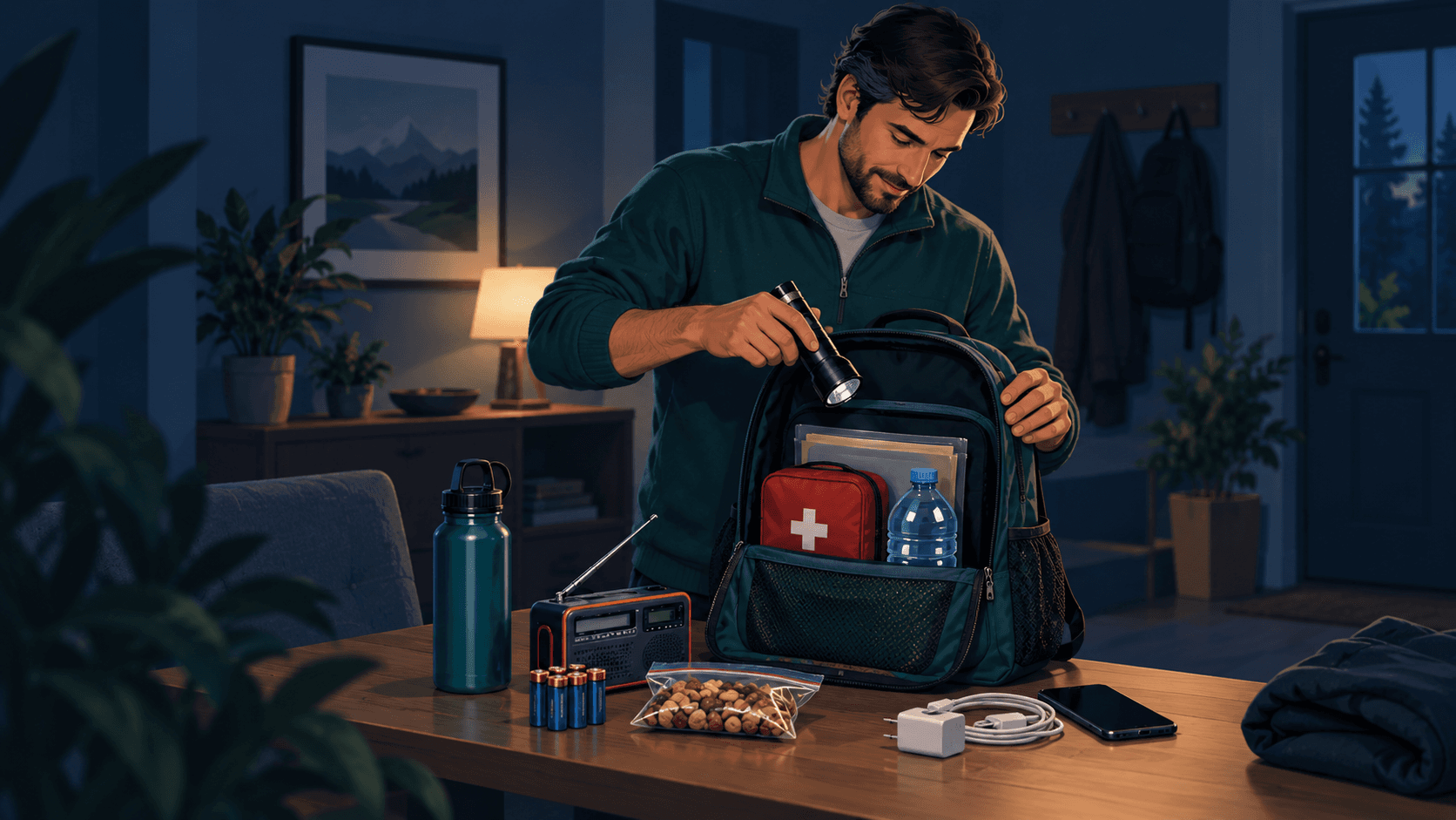 Persona preparando una mochila con linterna, documentación, botiquín y agua