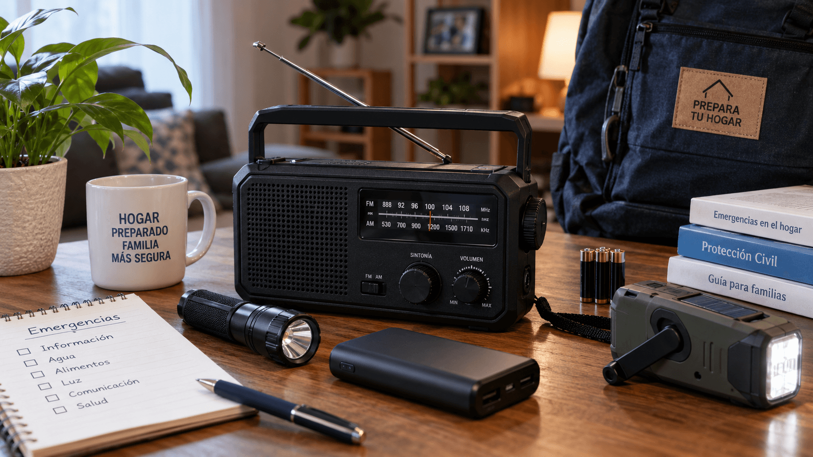 Radio portátil junto a pilas, linterna y batería externa sobre una mesa del hogar