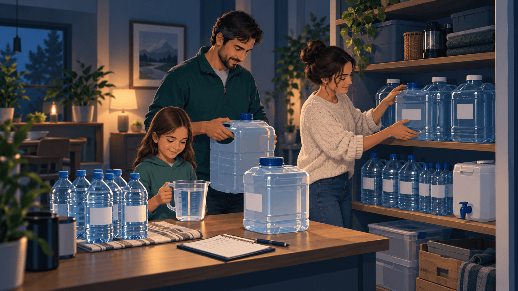 Familia organizando botellas y garrafas de agua en una estantería y sobre una mesa