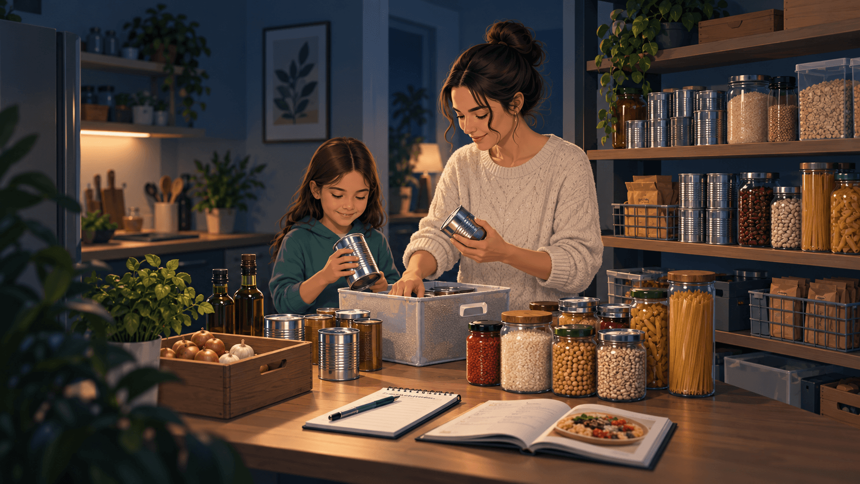 Una adulta y una niña organizando conservas junto a una despensa de alimentos secos