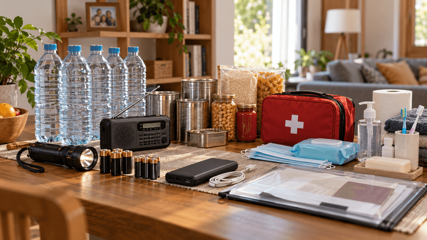 Suministros organizados para un kit doméstico: agua, radio, linterna, botiquín, alimentos y productos de higiene