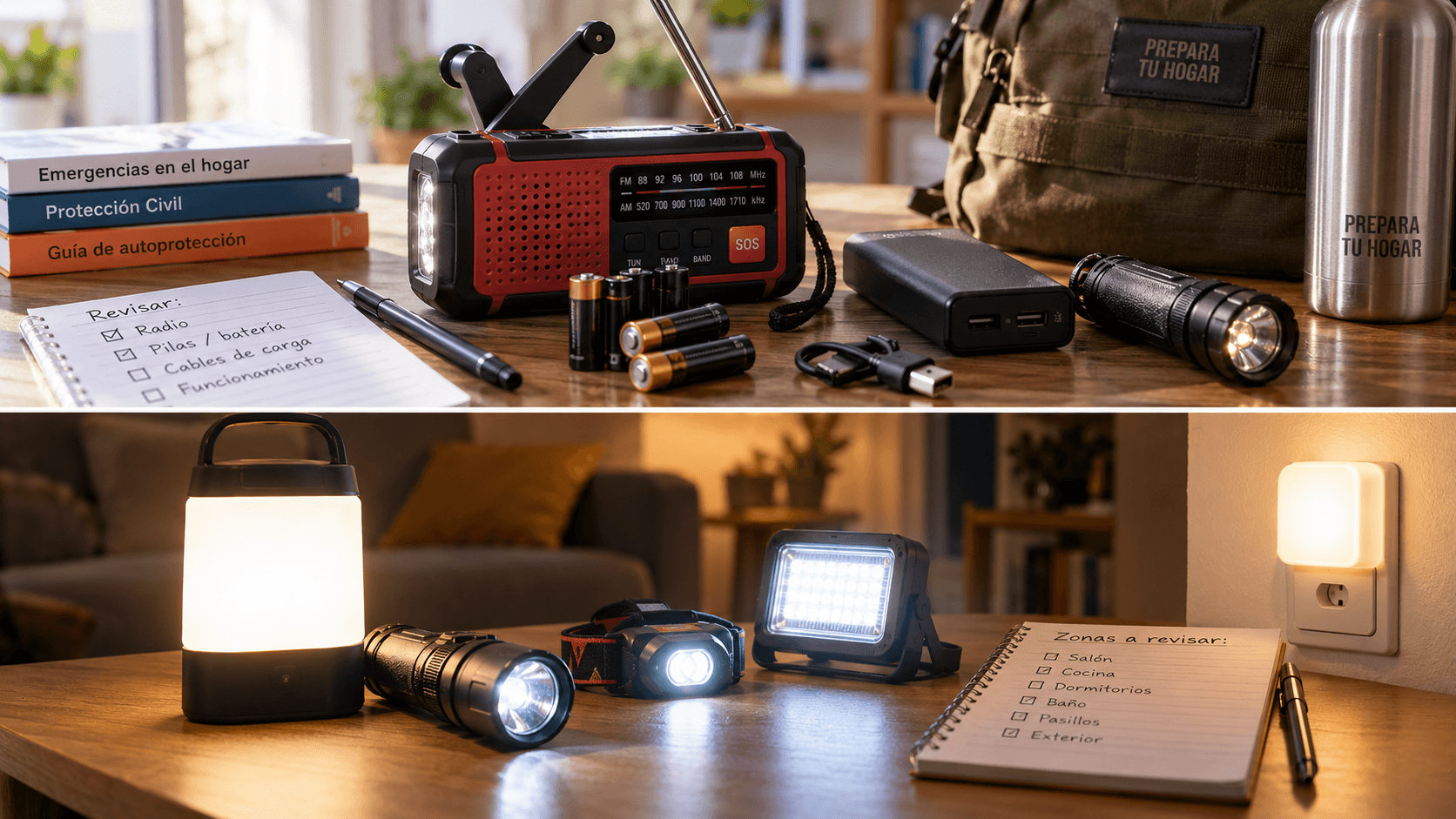 Linterna, farol LED y luces portátiles preparados en distintas escenas de una vivienda