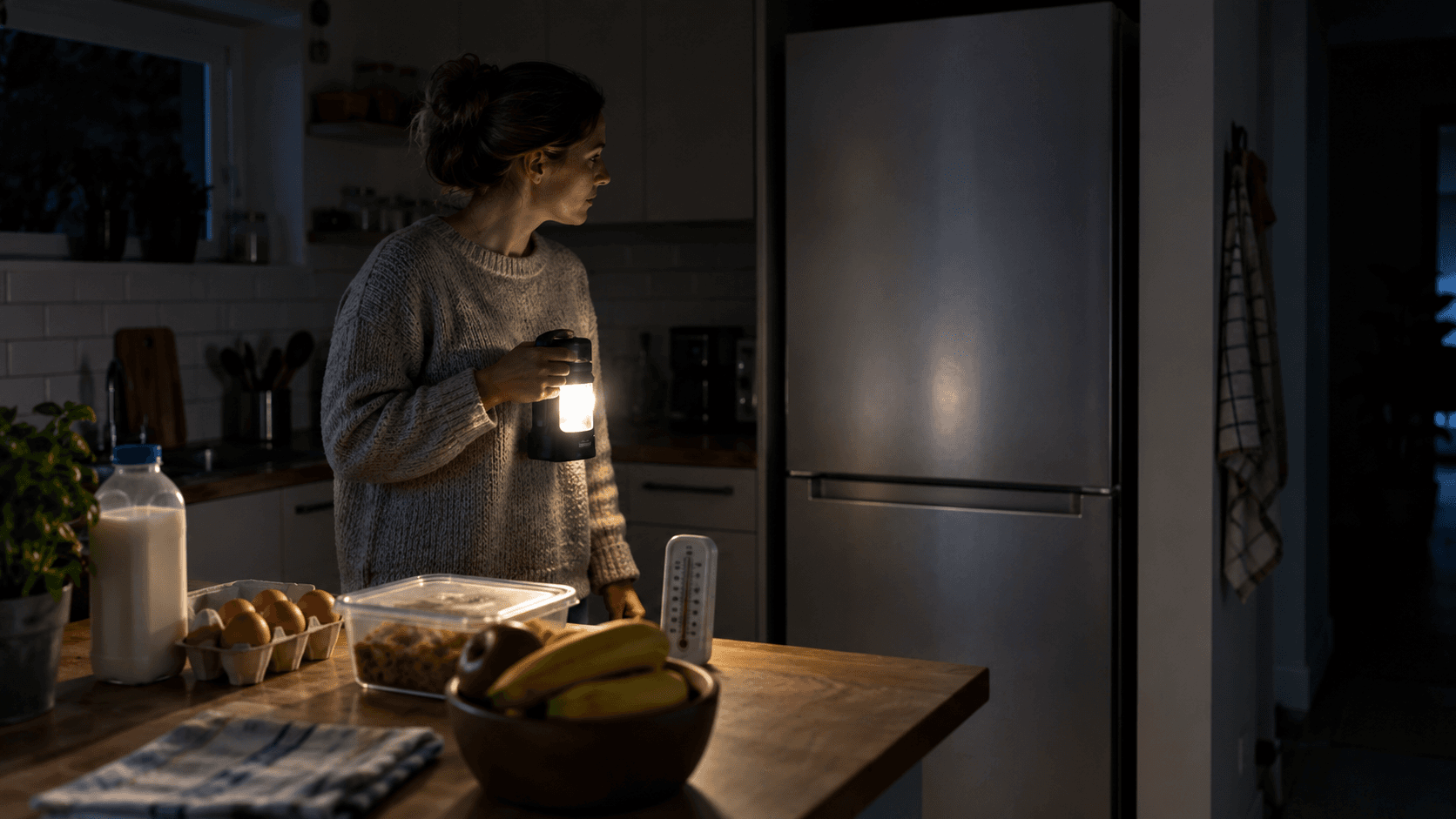 Frigorífico y congelador cerrados durante un apagón, con luz portátil y alimentos domésticos preparados en la cocina