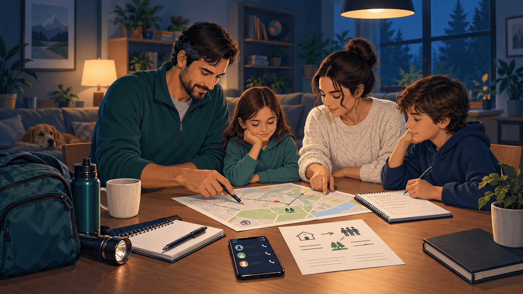 Familia revisando un mapa y tomando notas para acordar su plan de emergencia