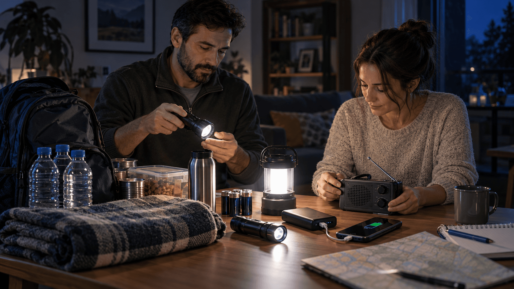 Pareja comprobando una linterna y una radio junto a una luz portátil, batería externa, agua y alimentos