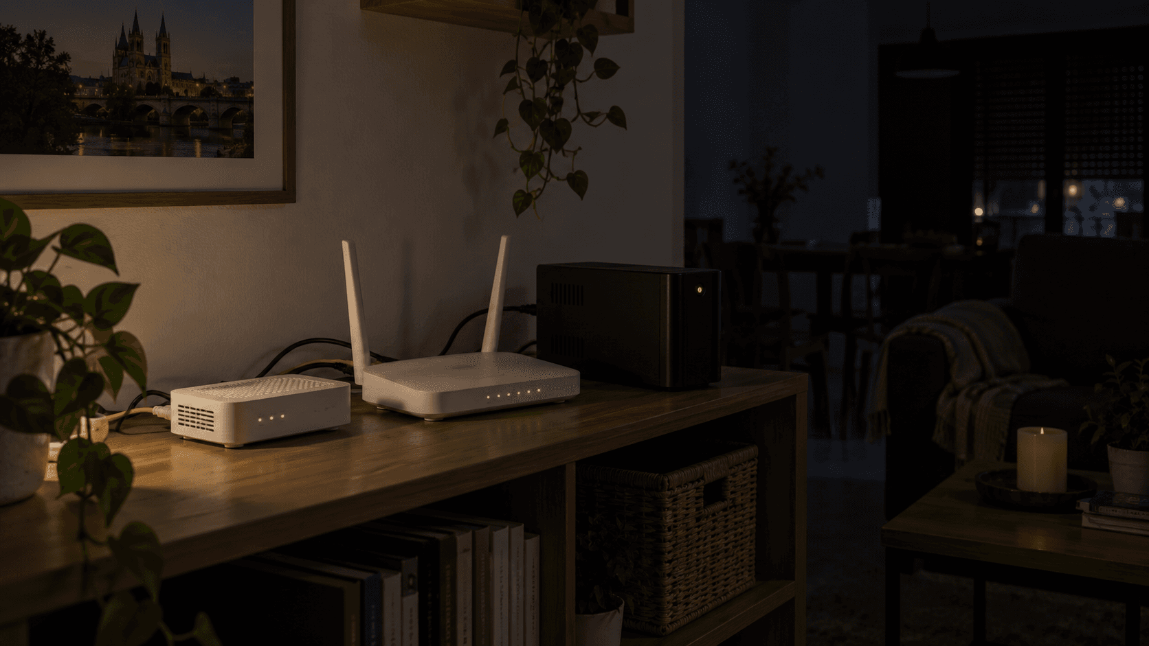 Router, ONT y sistema de alimentación de respaldo con indicadores encendidos en una vivienda a oscuras